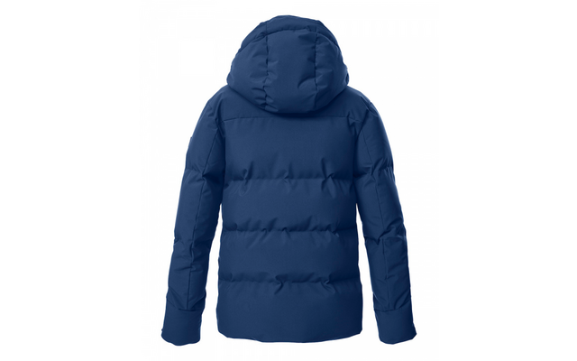 Doudoune matelassée bleue avec capuche, vue de dos