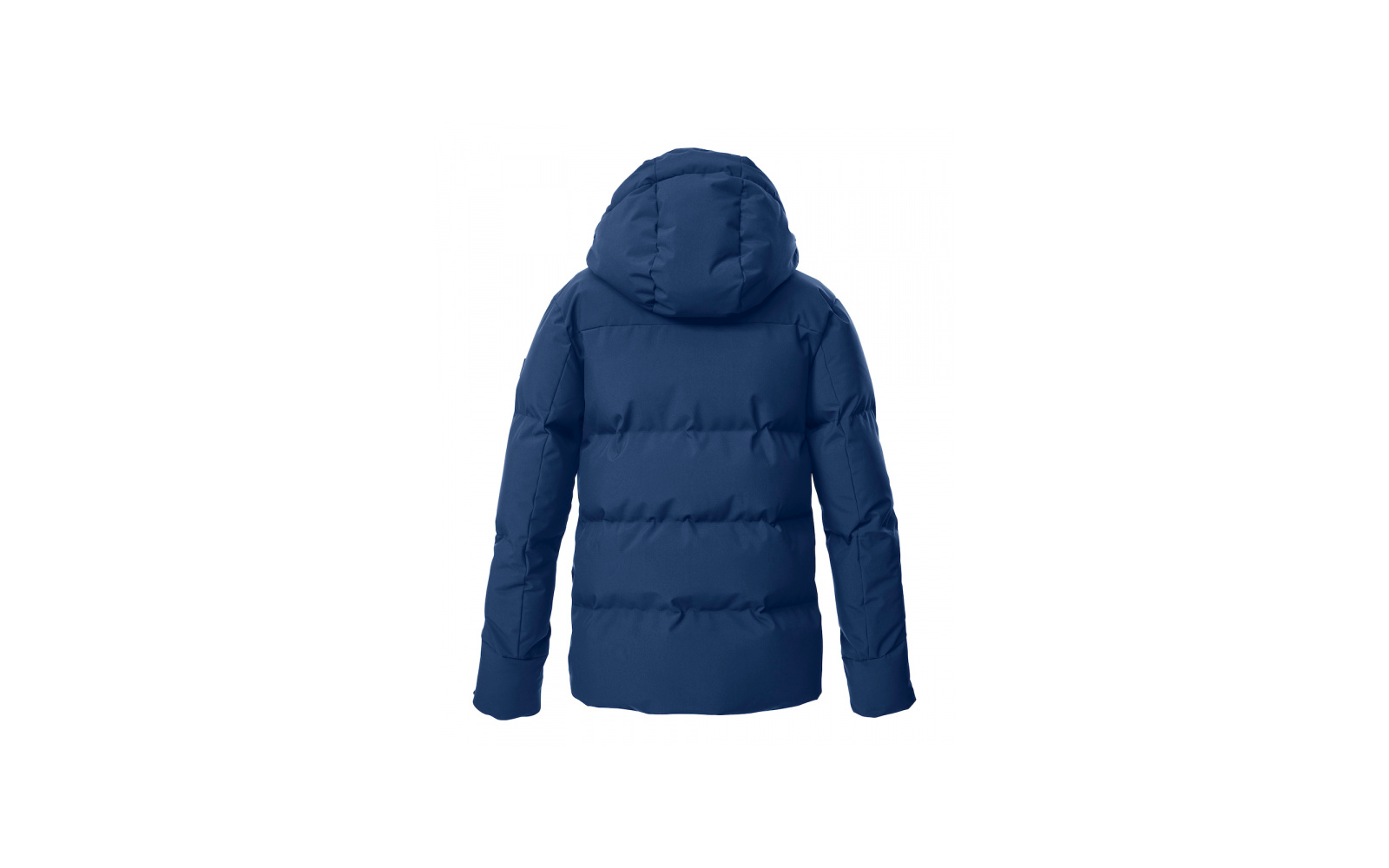 Doudoune matelassée bleue avec capuche, vue de dos
