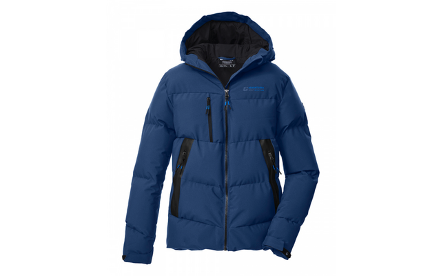 Veste matelassée bleue avec capuche, fermeture éclair centrale, poches poitrine et latérales zippées, logo visible sur la poitrine gauche, doublure noire