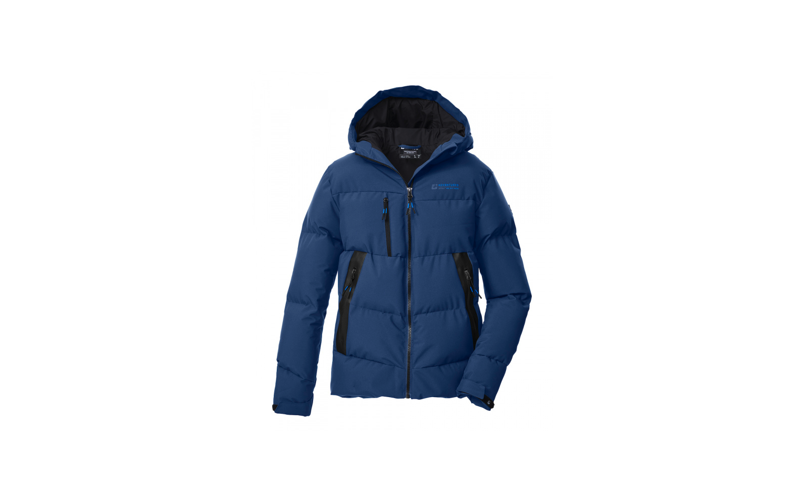Veste matelassée bleue avec capuche, fermeture éclair centrale, poches poitrine et latérales zippées, logo visible sur la poitrine gauche, doublure noire