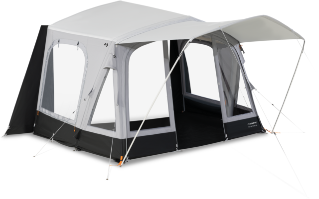 Grande tenda da famiglia grigia e nera con tre finestre e un tendalino