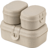 Trois boîtes empilées beige à motif moucheté, de forme rectangulaire arrondie ; deux petites en haut, une plus grande en bas ; fermoirs-pression visibles à l’avant