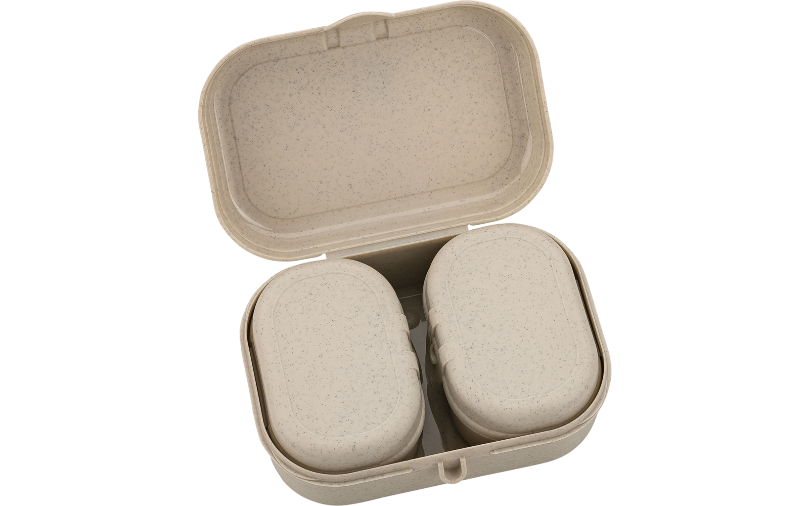 Boîte rectangulaire beige tachetée ouverte, coins arrondis, contenant deux compartiments ovales