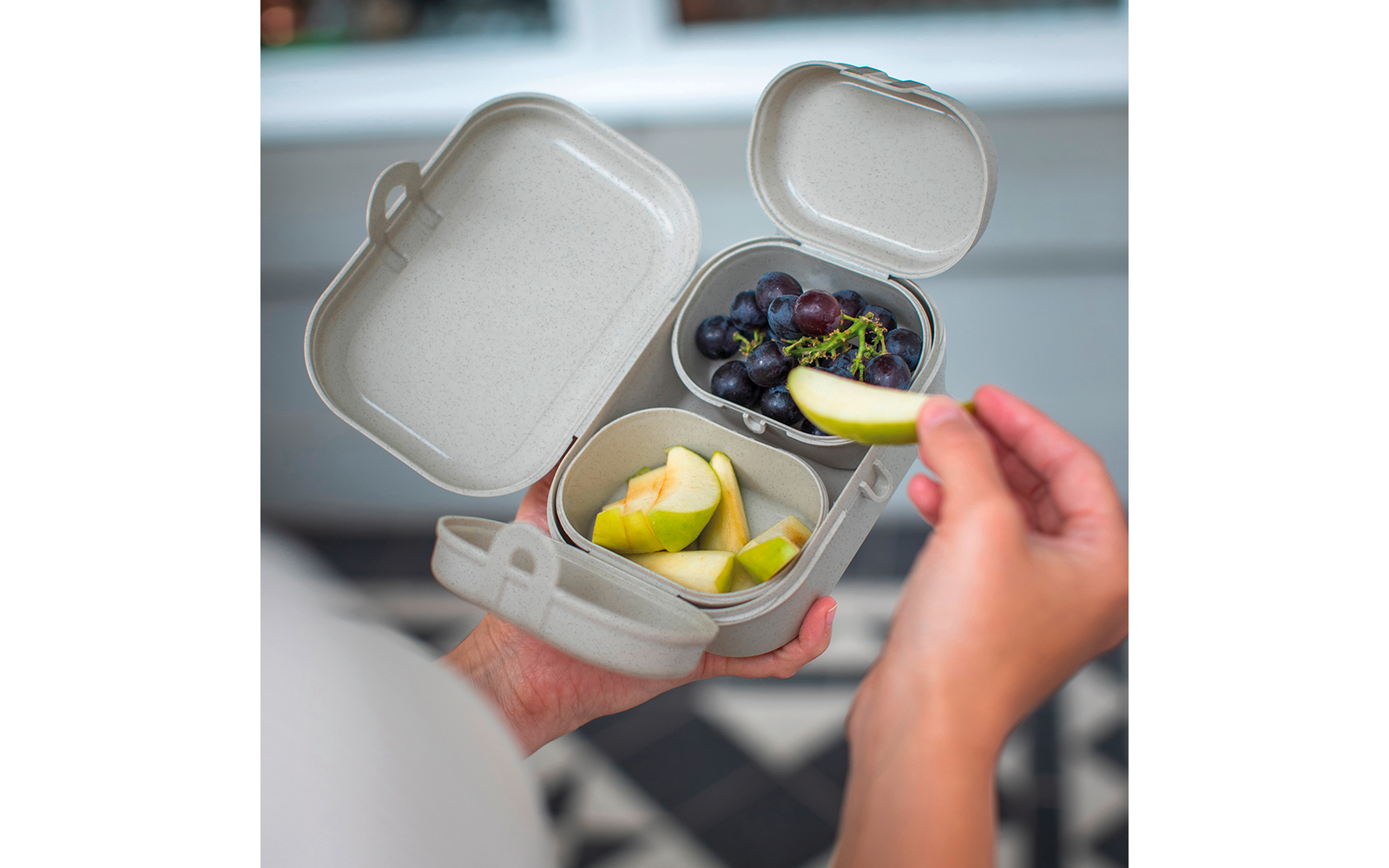 Des mains tiennent une boîte-repas gris clair au couvercle ouvert ; à l'intérieur quartiers de pomme et raisins, une main tient un quartier de pomme