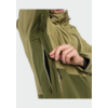 Buste d'une personne portant une veste vert bicolore, bras levé, main ouvrant une fermeture éclair sous l'aisselle ; capuche avec cordon visible