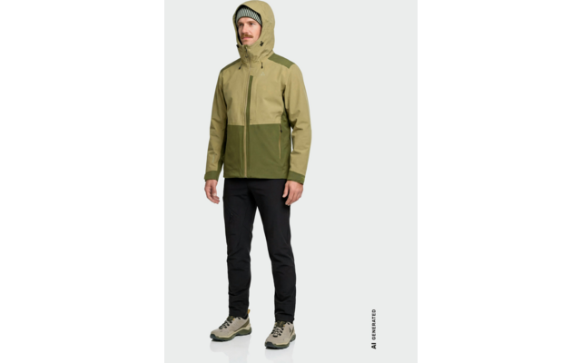 Personne portant une veste à capuche bicolore vert olive, pantalon noir et chaussures de randonnée claires, debout sur un fond clair ; texte 'AI GENERATED' en bas à droite