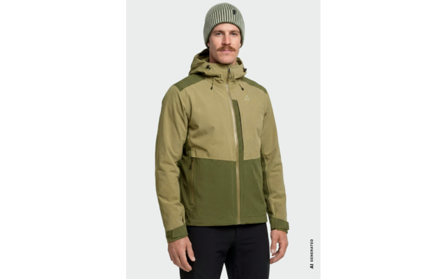 Personne portant une veste d'extérieur olive et vert foncé avec capuche et fermeture éclair frontale, bonnet vert rayé, moustache, pantalon noir, fond clair
