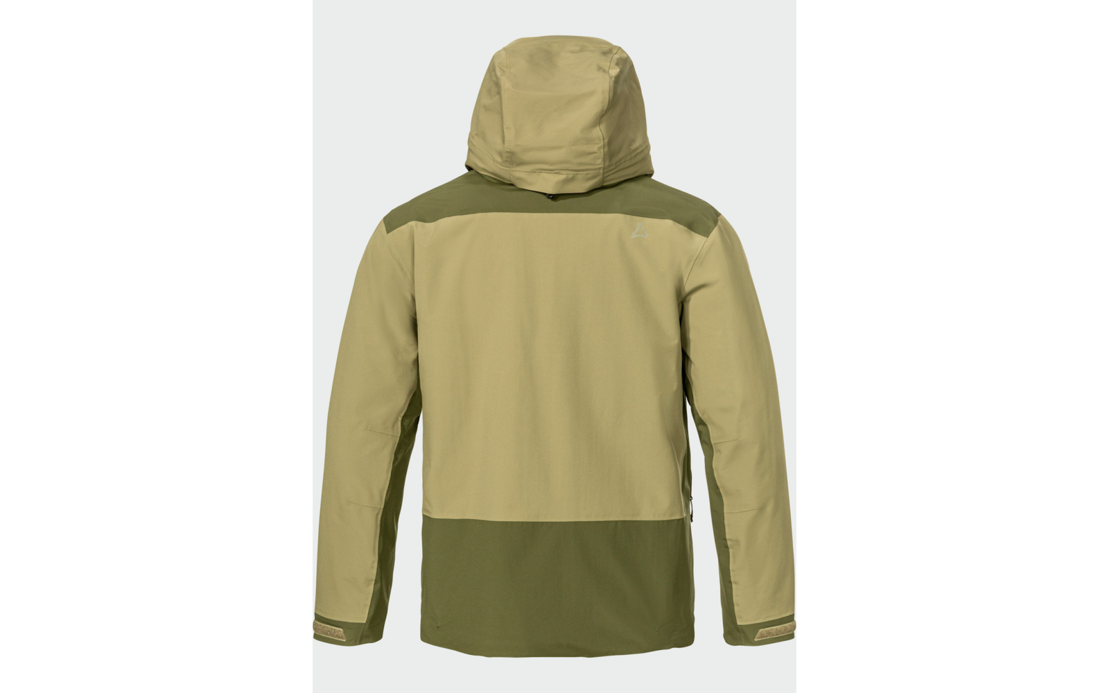Vue de dos d'une veste à capuche à manches longues, bicolore kaki clair et vert olive foncé, capuche, fermetures auto-agrippantes aux poignets, petit logo triangulaire en haut à droite