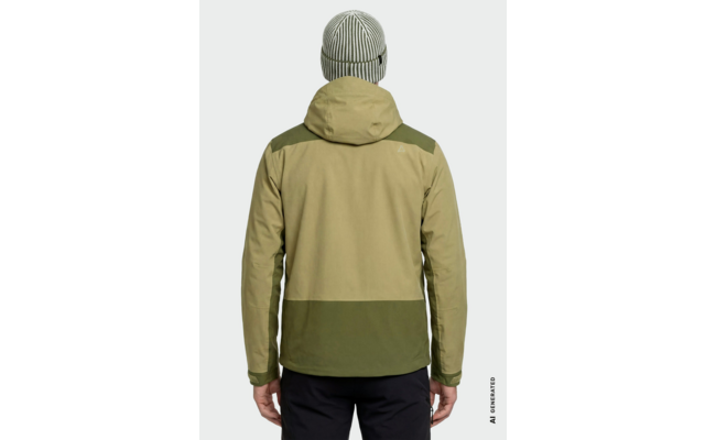Personne de dos portant une veste à capuche bicolore verte et un bonnet rayé, pantalon noir, mains le long du corps, fond clair