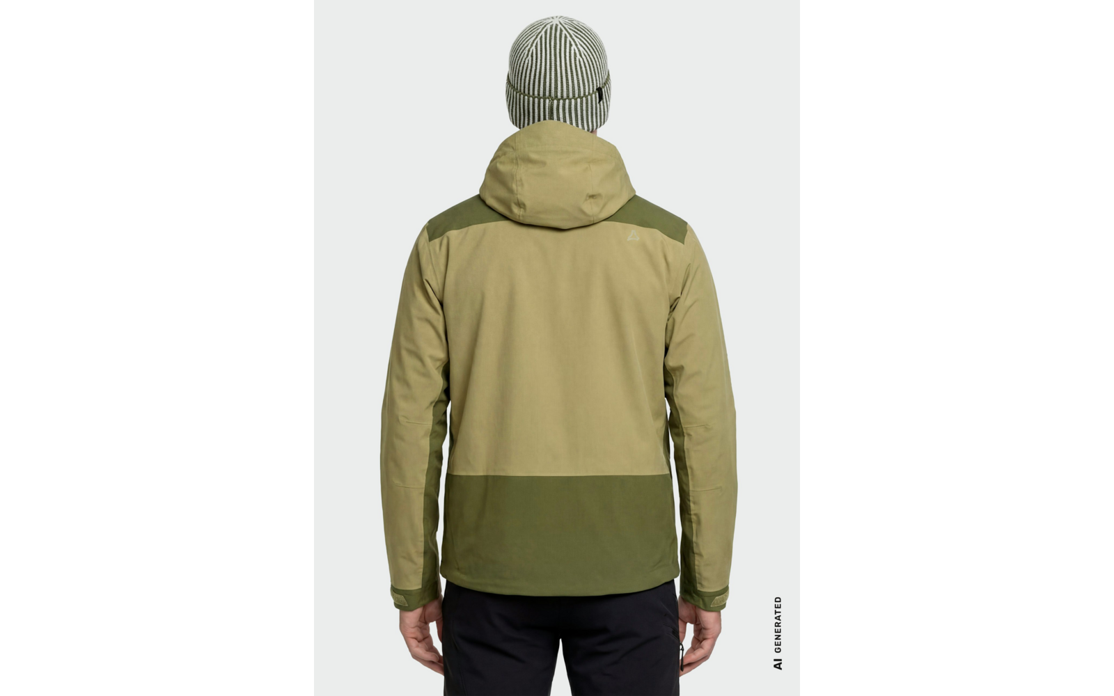 Personne de dos portant une veste à capuche bicolore verte et un bonnet rayé, pantalon noir, mains le long du corps, fond clair