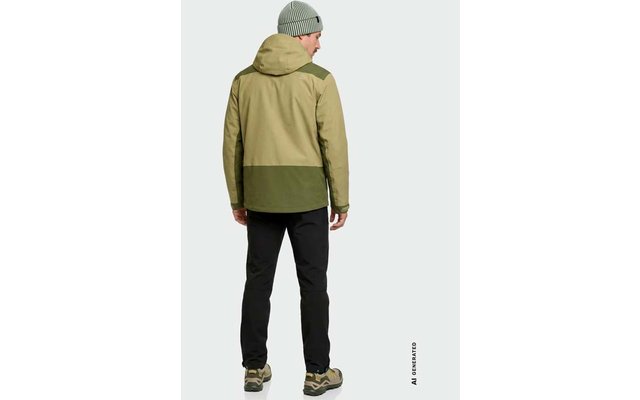 Personne de dos portant une veste à capuche bicolore verte, un pantalon noir, un bonnet gris et des chaussures vertes