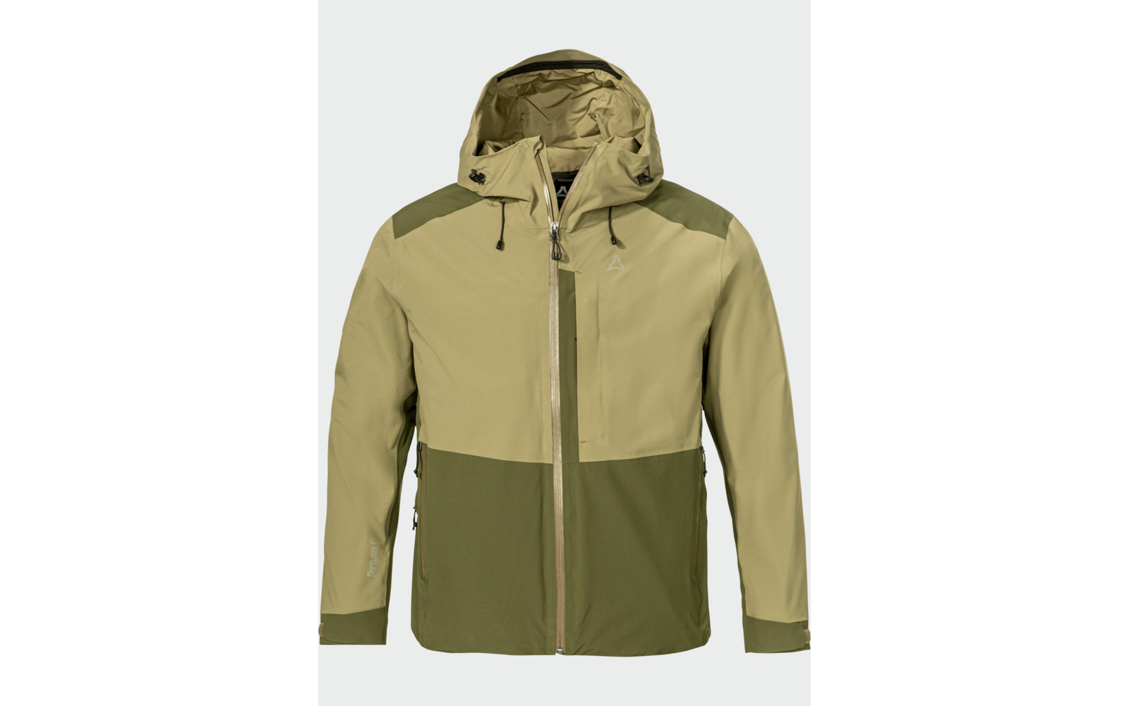 Veste à capuche bicolore verte, fermeture éclair sur toute la longueur et manches longues