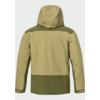 Vue de dos d'une veste à capuche à manches longues, bicolore kaki clair et vert olive foncé, capuche, fermetures auto-agrippantes aux poignets, petit logo triangulaire en haut à droite