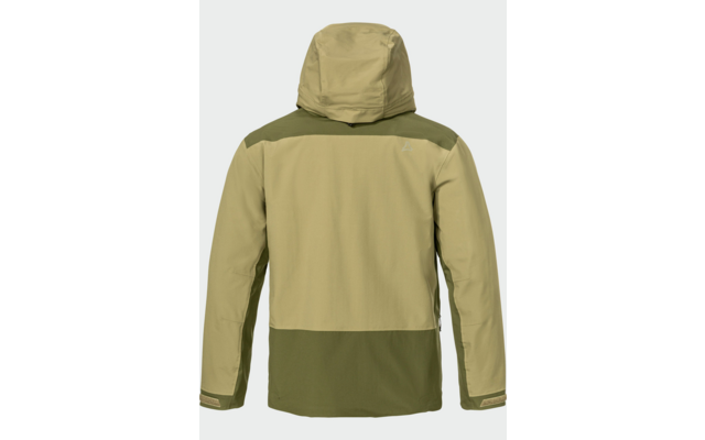 Vue de dos d'une veste à capuche à manches longues, bicolore kaki clair et vert olive foncé, capuche, fermetures auto-agrippantes aux poignets, petit logo triangulaire en haut à droite