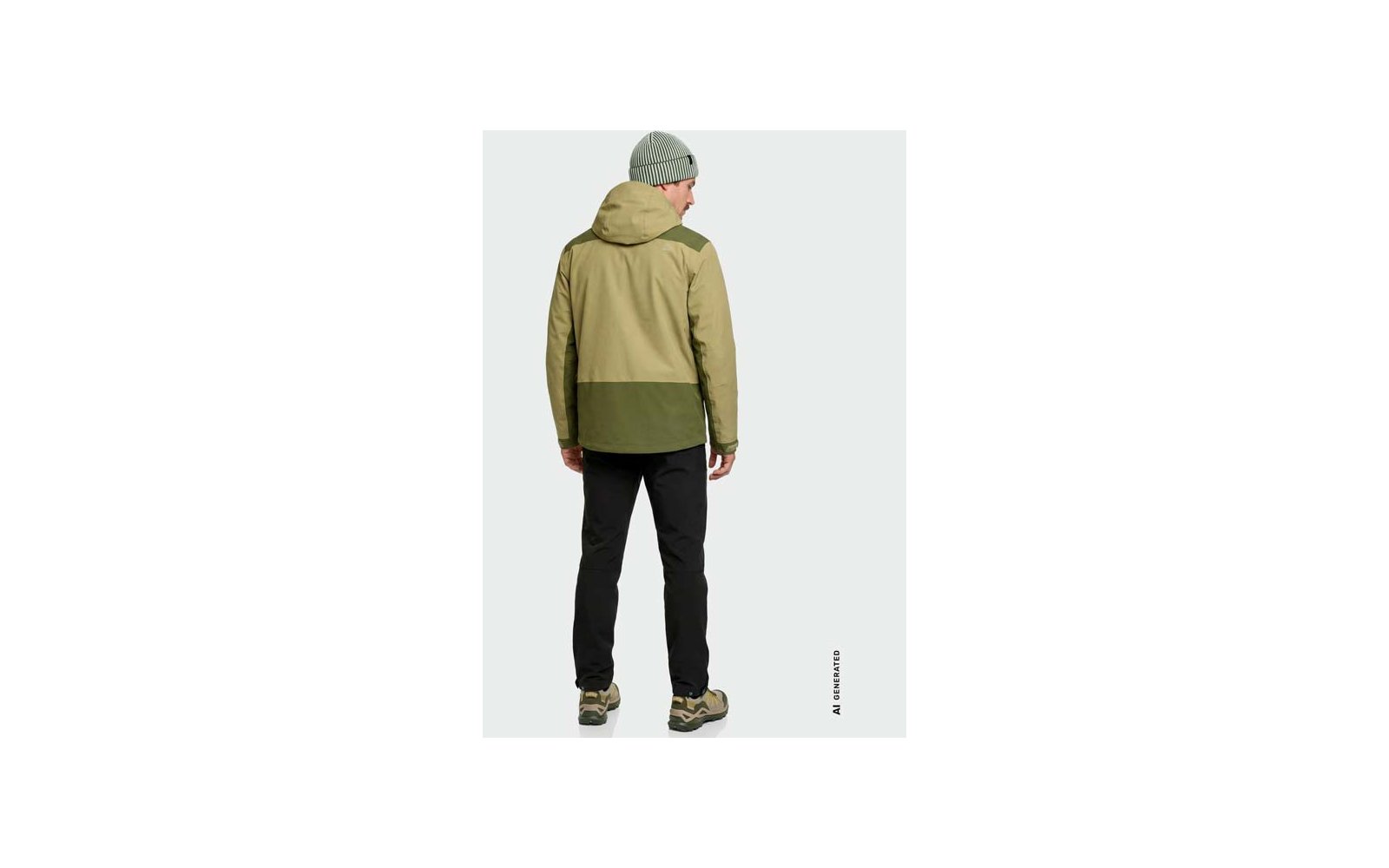 Personne de dos portant une veste à capuche bicolore verte, un pantalon noir, un bonnet gris et des chaussures vertes