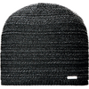 Schwarze gestrickte Beanie-Mütze mit kleinem rechteckigem Metalllabel am Saum