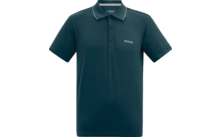 Polo vert foncé à manches courtes, patte de boutonnage à trois boutons, passepoil contrastant au col et petit logo sur la poitrine gauche, sur fond blanc