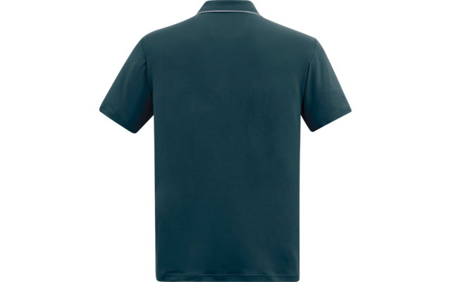 Rückenansicht eines dunkelgrünen Poloshirts auf weißem Hintergrund