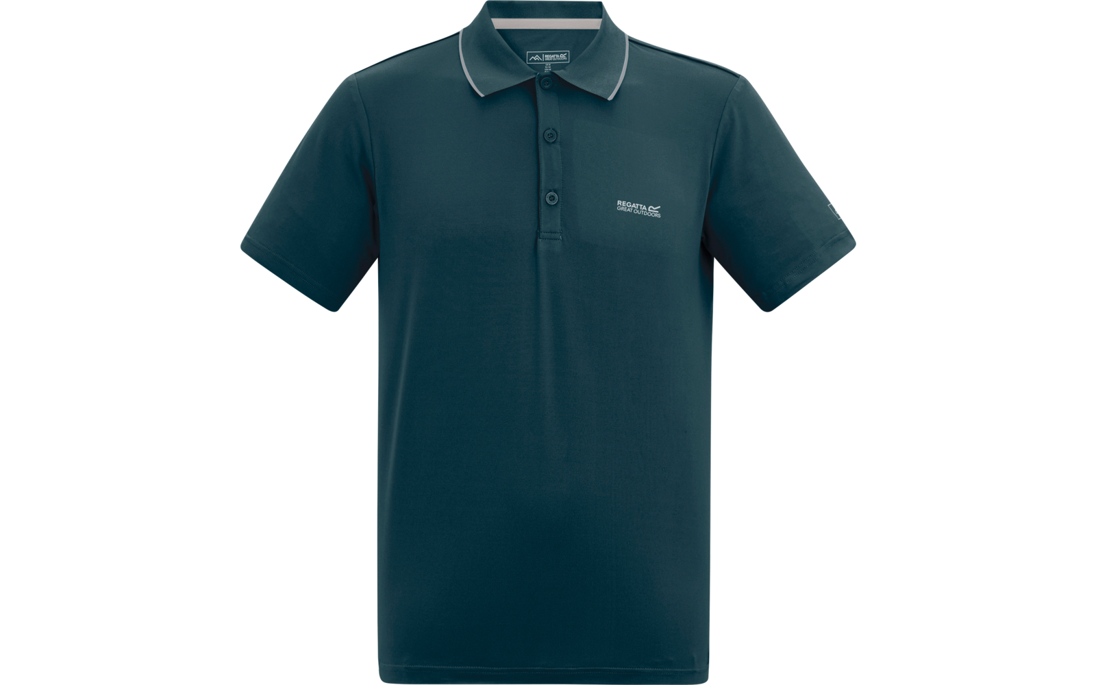 Dunkelgrünes kurzärmeliges Poloshirt mit drei Knöpfen, kontrastfarbener Paspel am Kragen und kleinem Logo auf der linken Brust, auf weißem Hintergrund