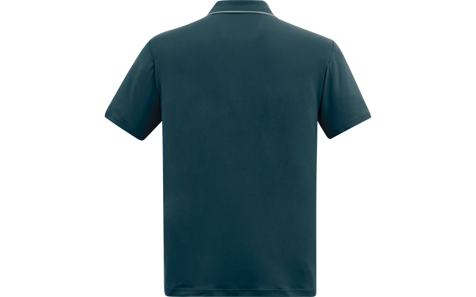 Rückenansicht eines dunkelgrünen Poloshirts auf weißem Hintergrund