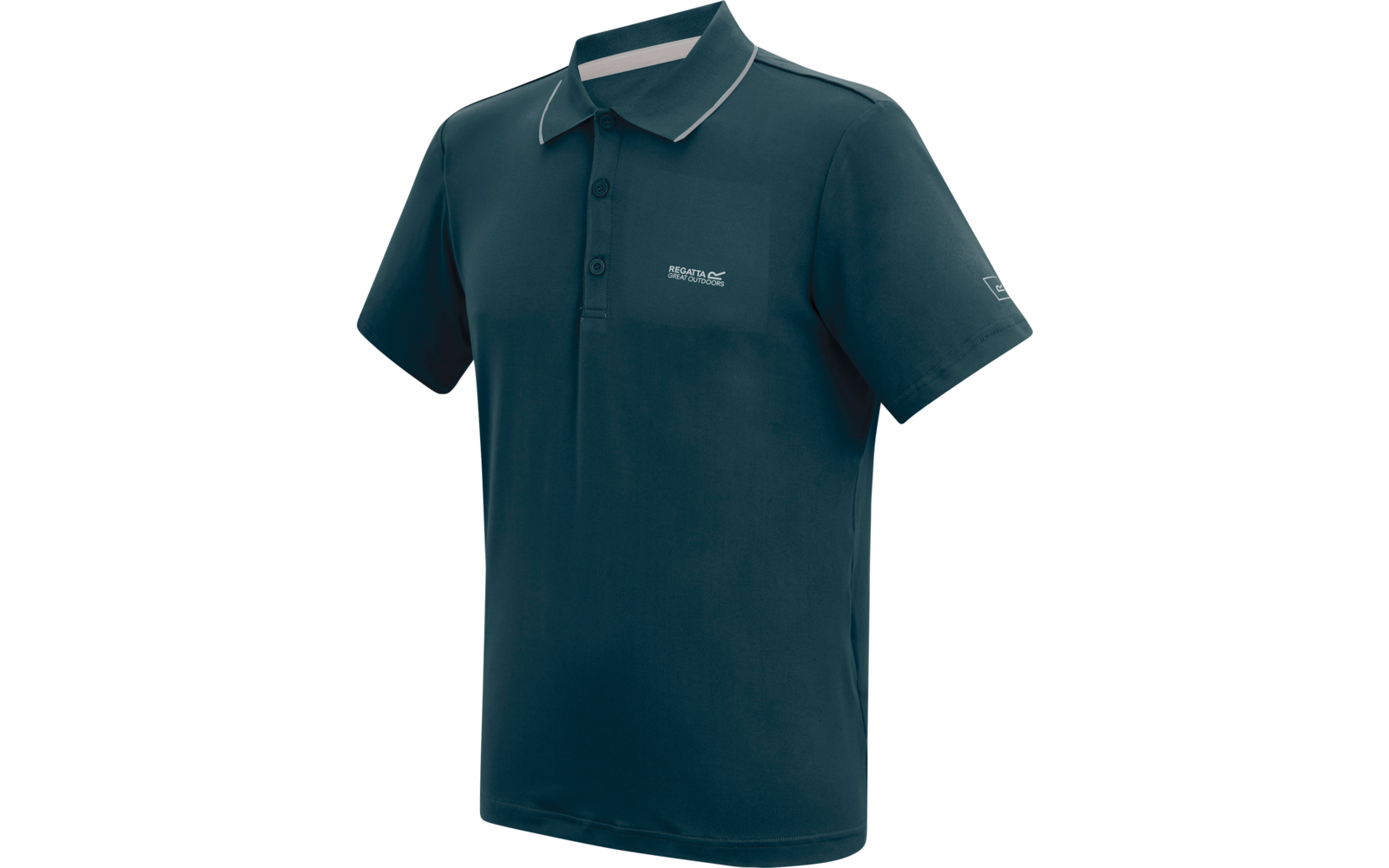 Dunkelblau-grünes kurzärmeliges Poloshirt mit drei Knöpfen, weißer Paspel am Kragen, kleinem Logo auf linker Brust und linkem Ärmel