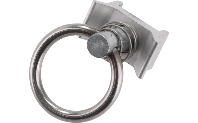 Schwarzer Kunststoffhaken mit sichtbarer Metallfeder und schwarzem Befestigungsstück