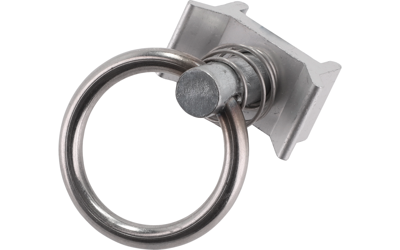 Schwarzer Kunststoffhaken mit sichtbarer Metallfeder und schwarzem Befestigungsstück