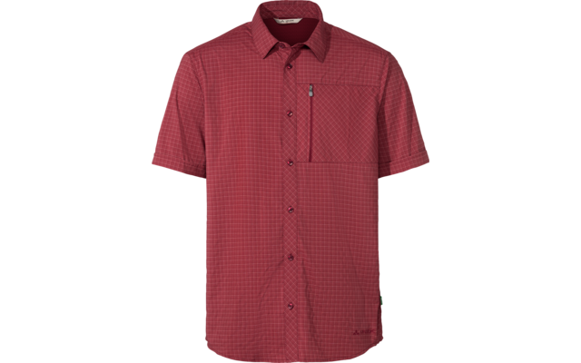 Rood shirt met korte mouwen en klein ruitpatroon, knoopsluiting, kraag en borstzak aan de linkerkant