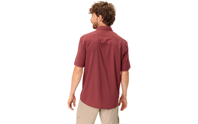 Persoon van achteren, rood geruit kort mouwig overhemd, beige korte broek, krullend bruin haar, witte achtergrond