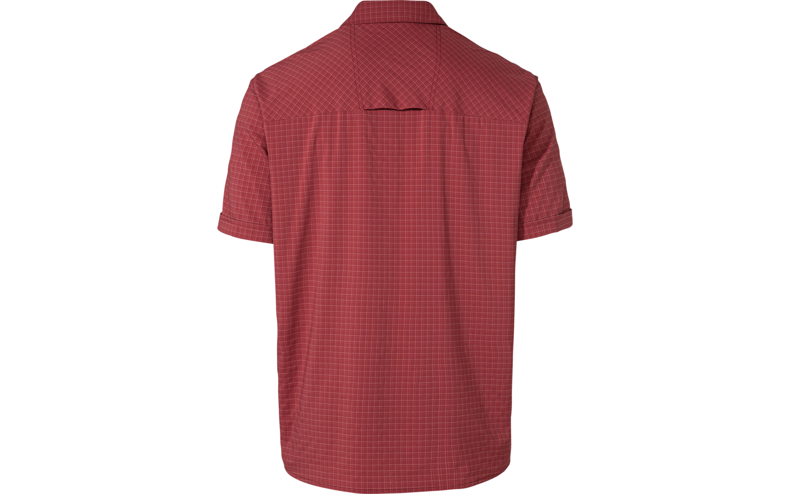 Achteraanzicht van een rood hemd met korte mouwen, fijn ruitpatroon, kraag, schouderpas en middenachter-split