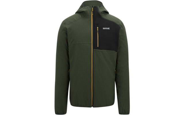 Grüne Kapuzenjacke mit durchgehendem gelbem Reißverschluss, schwarzem Brustpaneel mit kleiner gelber Reißverschlussöffnung, weißes Logo auf der Brust, seitliche Reißverschlusstaschen, fein strukturierter Stoff