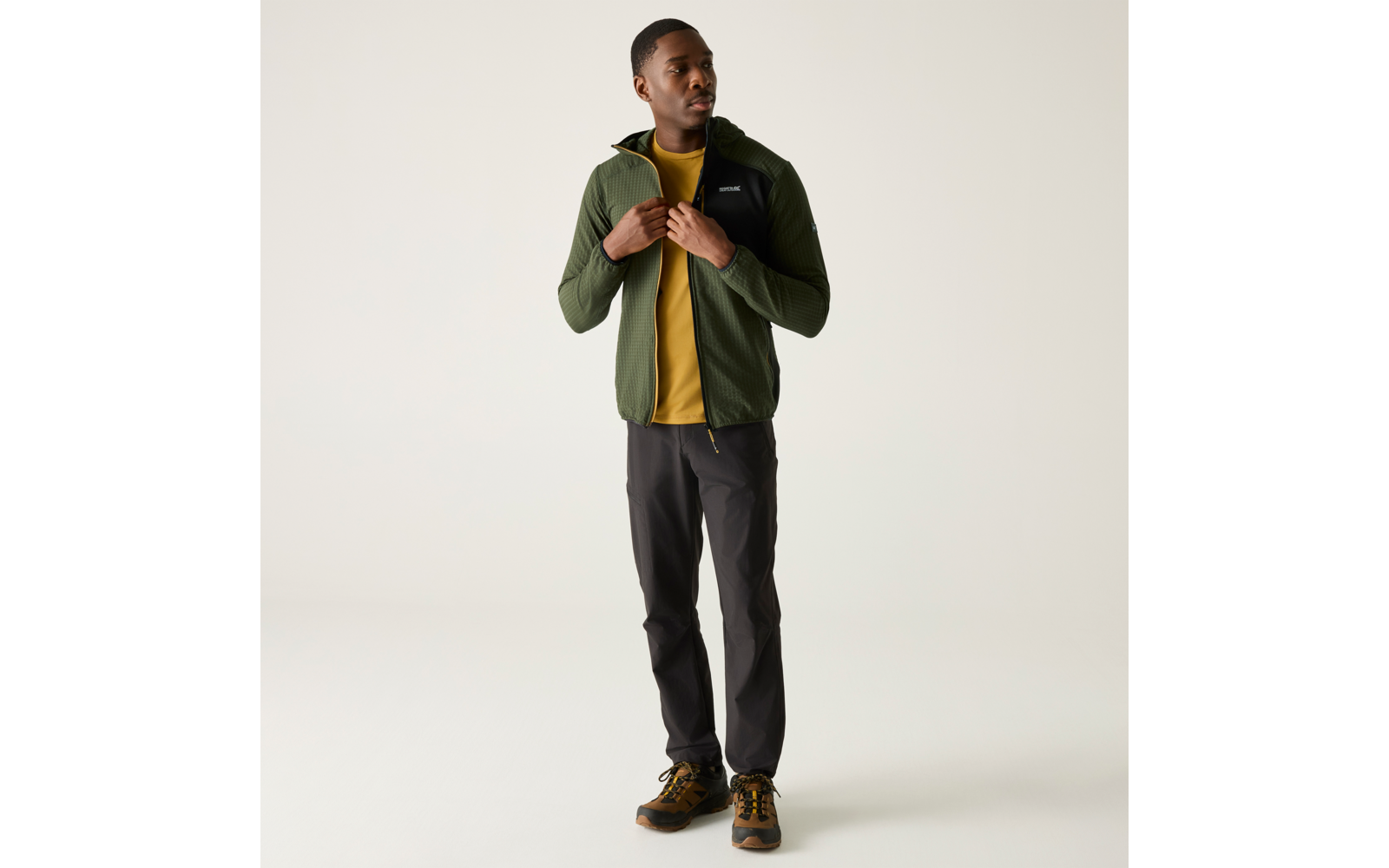 Person steht, trägt grüne Jacke, gelbes T-Shirt, dunkle Hose und braune Schuhe; Hände am Reißverschluss, Blick zur Seite