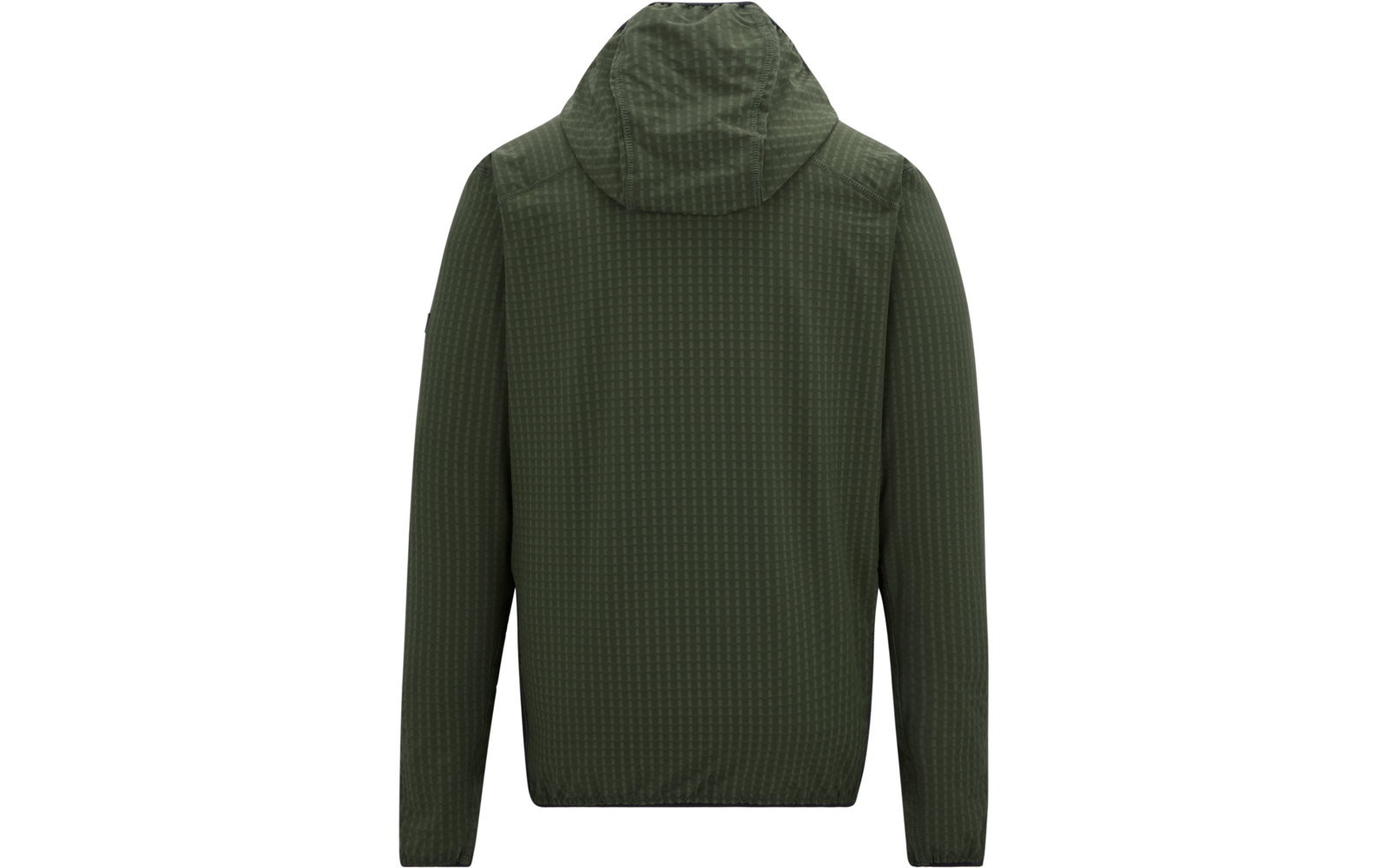 Dunkelgrüne Kapuzenjacke, Rückansicht, lange Ärmel, leicht strukturiertes Muster