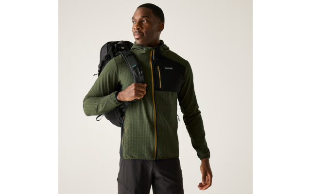 Person mit olivgrüner Fleecejacke mit gelbem Reißverschluss und schwarzem Rucksack, schaut nach links, vor hellem Hintergrund