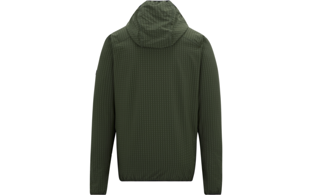 Dunkelgrüne Kapuzenjacke, Rückansicht, lange Ärmel, leicht strukturiertes Muster