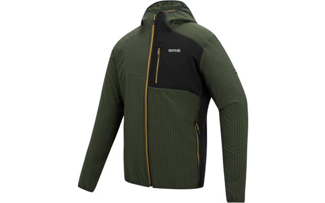 Grüne Kapuzenjacke mit schwarzer Brustpartie, gelben Reißverschlüssen, sichtbarer vertikaler Brustreißverschlusstasche und einer unteren Reißverschlusstasche, feines Karomuster