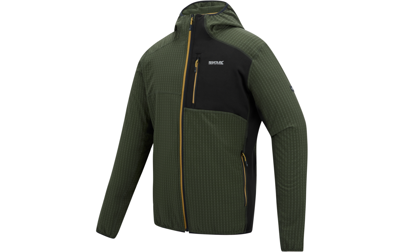 Grüne Kapuzenjacke mit schwarzer Brustpartie, gelben Reißverschlüssen, sichtbarer vertikaler Brustreißverschlusstasche und einer unteren Reißverschlusstasche, feines Karomuster