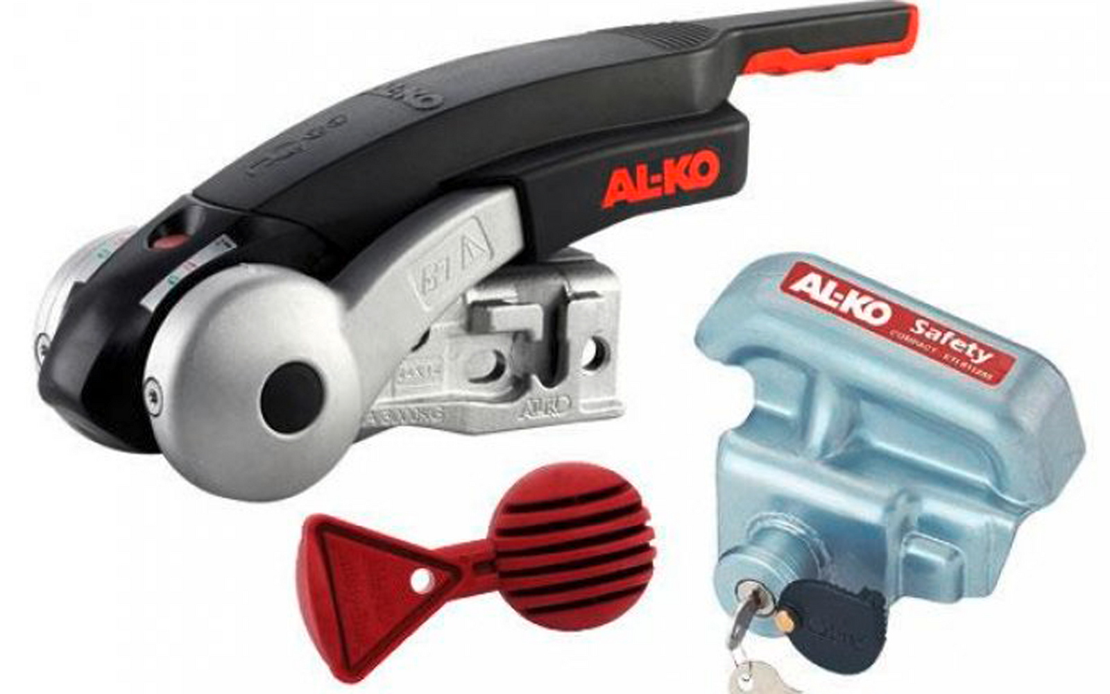 Zwart en zilverkleurig metalen handvat met rood AL-KO-logo, daarnaast een zilverkleurig metalen slot met sleutel en een rood kunststof label