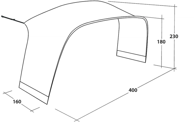 Perspektivische Linienzeichnung eines bogenförmigen, offenen Objekts mit Maßlinien und Zahlen 400, 160, 230, 180