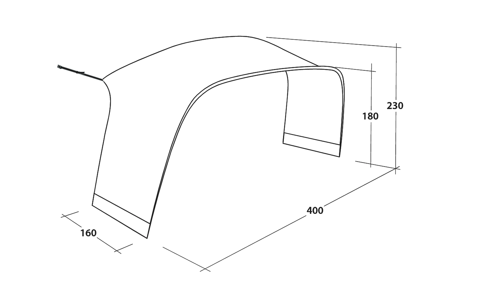 Perspektivische Linienzeichnung eines bogenförmigen, offenen Objekts mit Maßlinien und Zahlen 400, 160, 230, 180