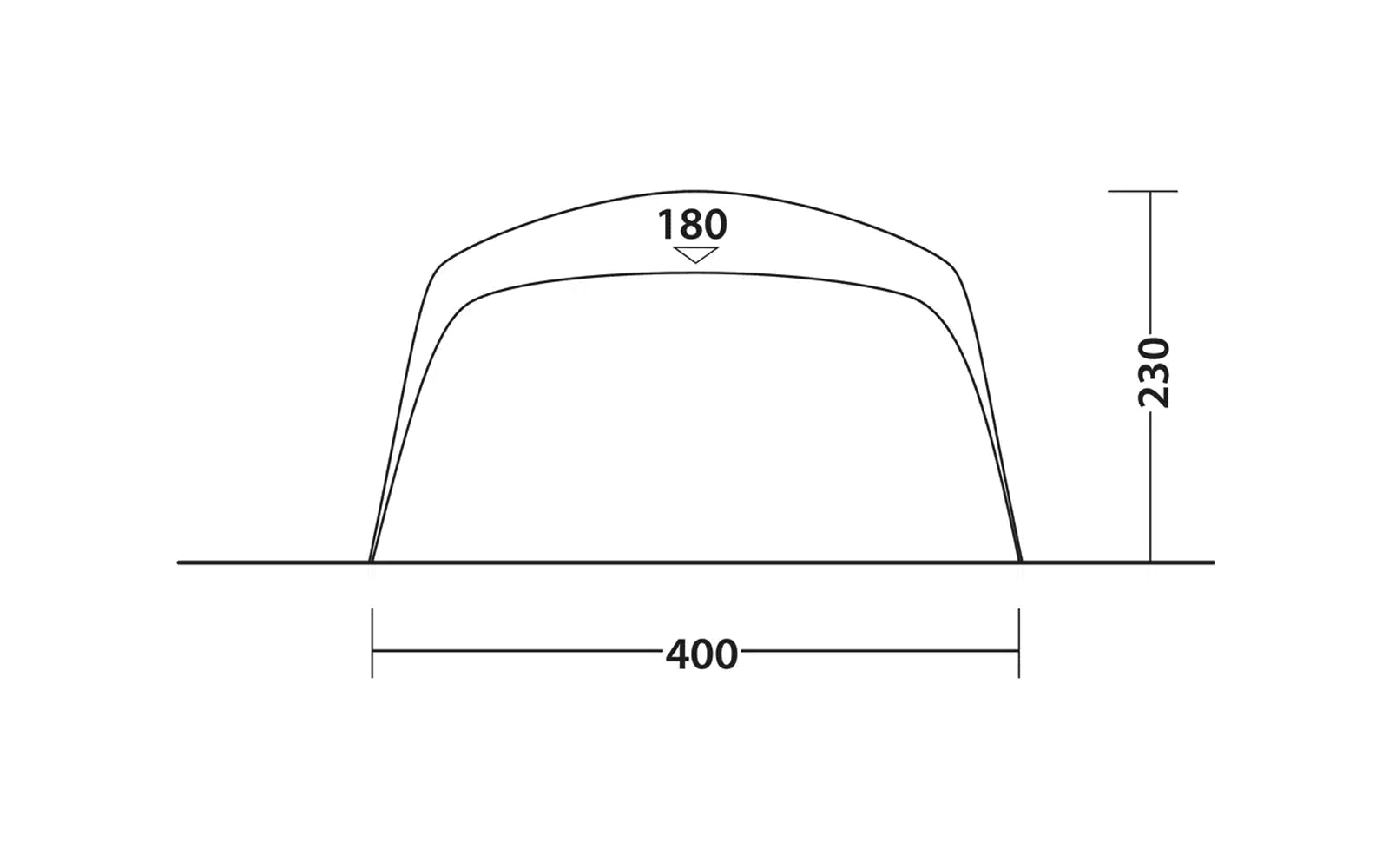 Liniendarstellung: zwei geschwungene, ineinanderliegende Konturen über einer horizontalen Grundlinie; Maßangaben: 400 unten, 230 rechts, 180 oben