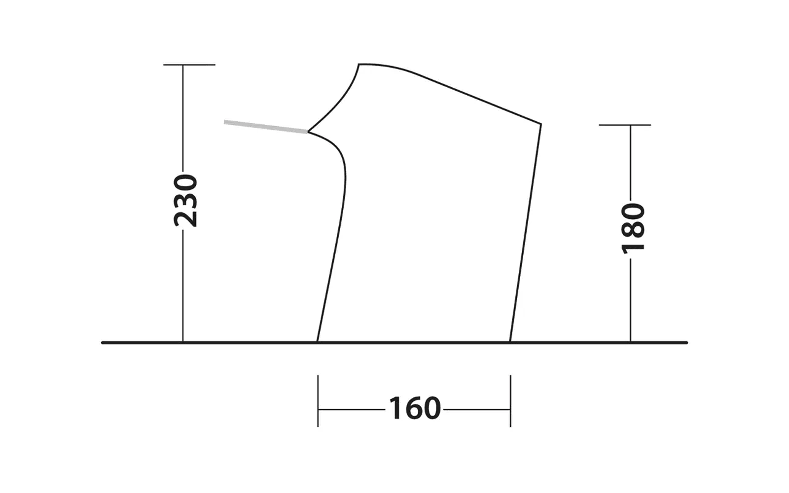 Schwarz umrandete, schräg stehende Kontur mit rundem Ausschnitt oben links, kurze graue Linie am Ausschnitt, horizontale Bodenlinie, Maßangaben 230 (links), 180 (rechts), 160 (unten)