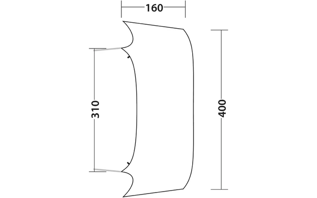 Schwarze Umrisslinie einer gebogenen rechteckigen Form mit abgerundeten Ecken und zwei Einkerbungen an der linken Kante; Maßlinien und Pfeile mit den Zahlen 160 (oben), 310 (links) und 400 (rechts)