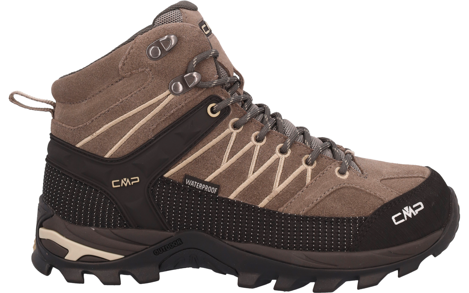 Brauner knöchelhoher Wanderschuh mit Schnürung, schwarzer Zehenkappe, profilierter schwarzer Sohle und seitlichem CMP-Logo