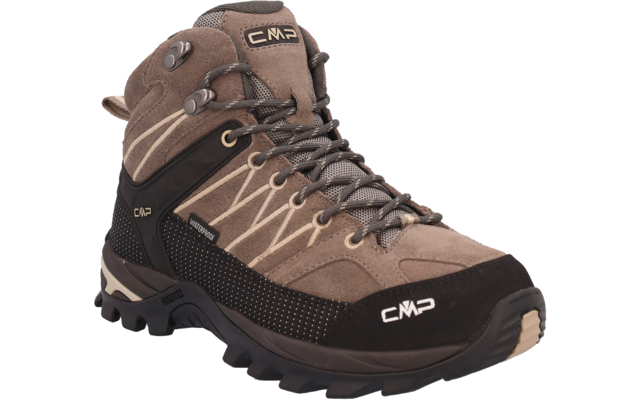 Ein einzelner brauner knöchelhoher Schuh mit Schnürsenkeln, Wildleder- und Mesh-Details, profilierter schwarzer Gummisohle und sichtbarendem CMP-Logo auf Zunge und Vorderseite