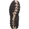 Sohle eines Schuhs, schwarz-beiges Gummiprofil mit tiefen Stollen und runden goldfarbenen Einsätzen
