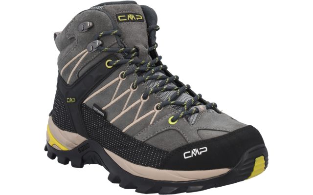 Grau-schwarzer knöchelhoher Schuh mit Profilsohle, gelben Akzenten und sichtbarem CMP-Logo