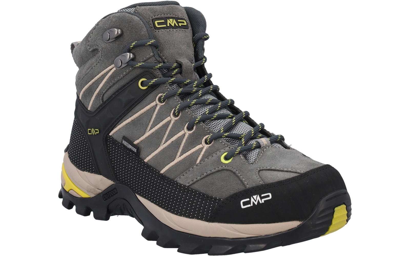 Grau-schwarzer knöchelhoher Schuh mit Profilsohle, gelben Akzenten und sichtbarem CMP-Logo