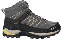 Ein einzelner knöchelhoher grauer Schuh mit Schnürsenkeln, schwarzer Zehenkappe, profilierter schwarzer Sohle, gelben Akzenten und 'CMP'-Schriftzug