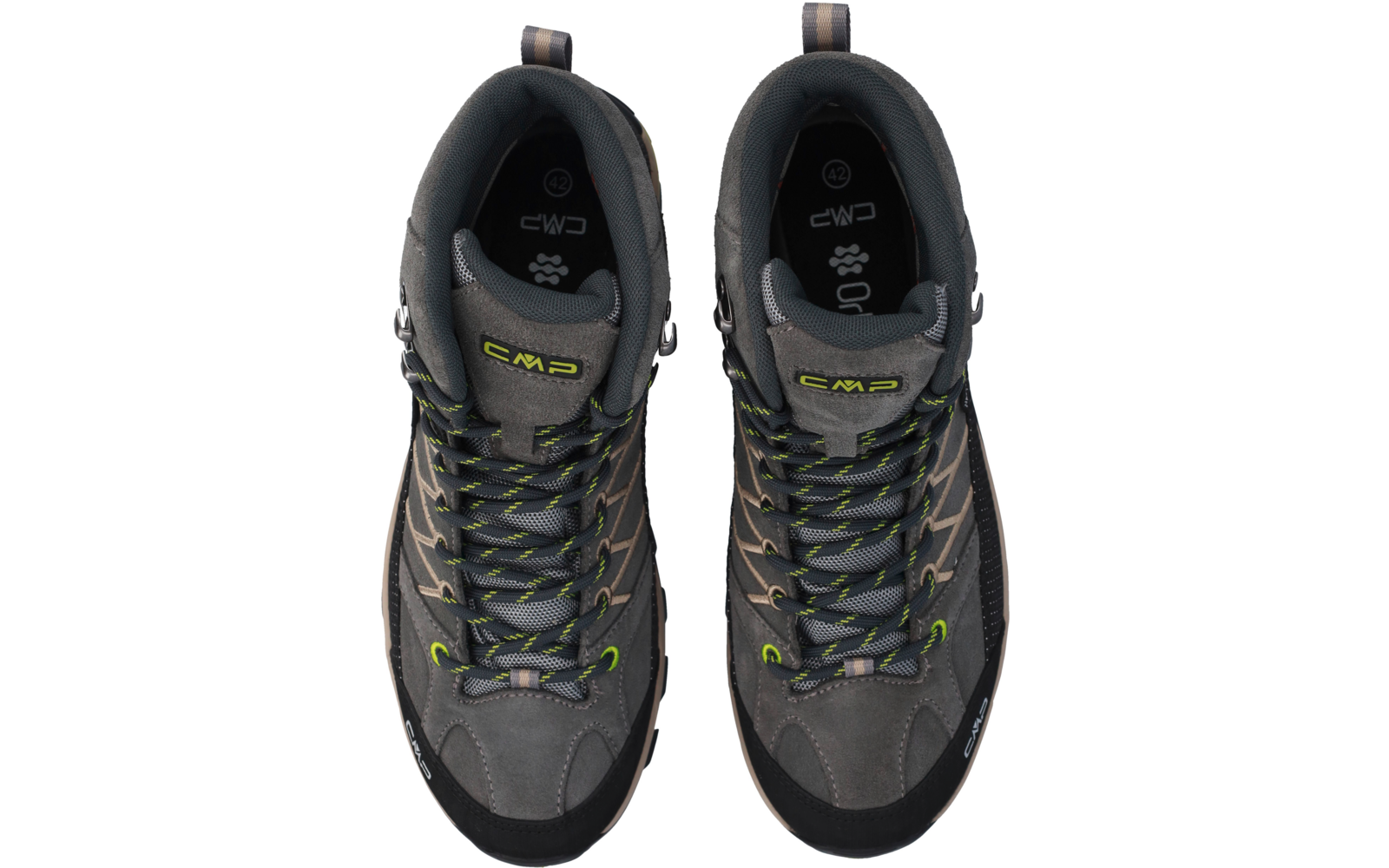 Zwei graue Schuhe von oben, schwarz-grüne Schnürsenkel, Metallösen, schwarze Zehenkappen, Zugschlaufen an der Ferse, ‚CMP‘-Logo auf den Zungen